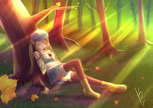 Anime picture 1280x906 with original kimik-a single long hair blue eyes blonde hair eyes closed one eye closed wink girl thighhighs skirt black thighhighs plant (plants) tree (trees) shoes headdress leaf (leaves)