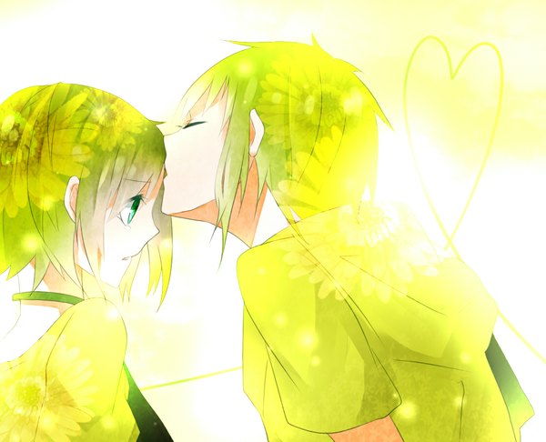 Anime picture 1109x900 with vocaloid kimi he (vocaloid) gumi gumo short hair eyes closed profile aqua eyes green hair tears kiss forehead kiss girl boy