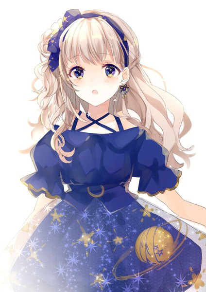 Anime picture 723x1024 with original puracotte single long hair tall image open mouth simple background blonde hair white background purple eyes :o starry sky print space print girl dress hairband single earring