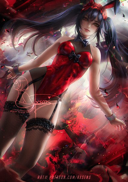 Anime picture 848x1200 with date a live tokisaki kurumi axsen single long hair tall image looking at viewer fringe breasts light erotic black hair hair between eyes red eyes twintails signed animal ears yellow eyes payot light smile realistic