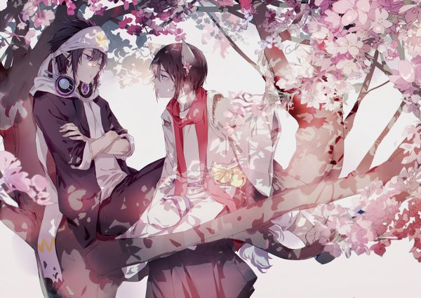 Anime picture 1200x851 with aotu world lei shi kamier kanose fringe short hair blue eyes black hair hair between eyes animal ears traditional clothes japanese clothes profile one eye closed pointy ears multiple boys cherry blossoms crossed arms headphones around neck tree sitting