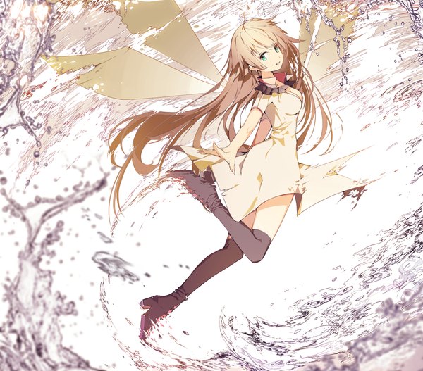 Anime picture 1771x1558 with original ajahweea single long hair looking at viewer fringe highres open mouth blonde hair smile bent knee (knees) aqua eyes spread arms flying insect wings girl dress wings water white dress