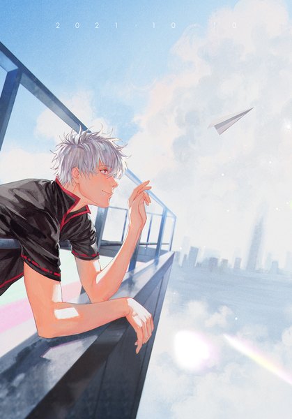 Anime picture 1200x1720 with gintama sunrise (studio) sakata gintoki zxs1103 single tall image fringe short hair hair between eyes looking away sky silver hair cloud (clouds) dated boy railing roof paper airplane