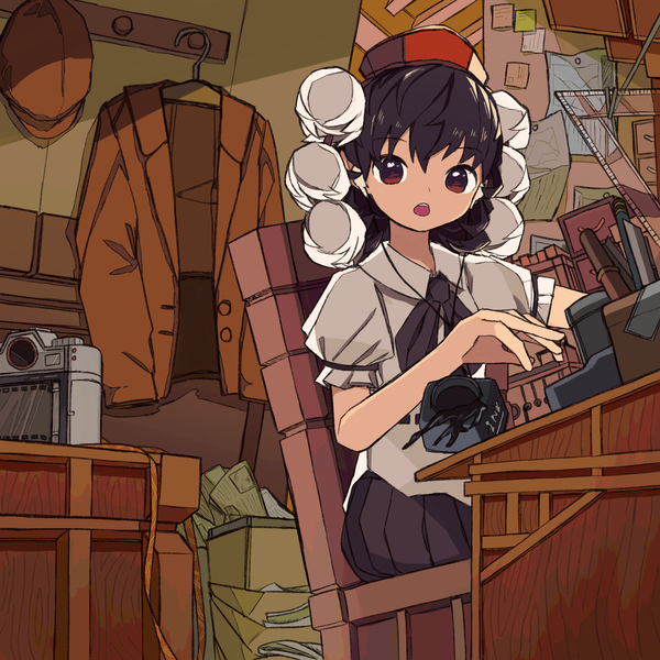 Anime picture 2800x2800 with touhou shameimaru aya neruzou single looking at viewer highres short hair open mouth black hair red eyes sitting indoors puffy sleeves hat removed headwear removed girl hat chair table clothes