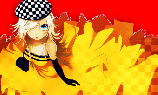 Anime picture 1400x845 with original galsuwaidi single long hair fringe blue eyes wide image bare shoulders white hair from above hair over one eye red background checkered girl dress gloves elbow gloves cap