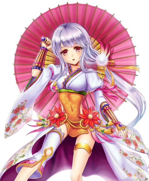 Anime picture 1000x1212 with original madopen single long hair tall image looking at viewer blush fringe open mouth simple background red eyes white background holding payot purple hair traditional clothes japanese clothes arm up wide sleeves :o