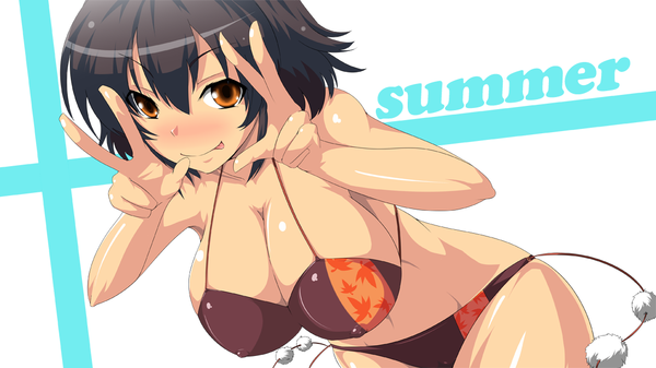 Anime picture 1138x640 with touhou shameimaru aya ky (artist) single looking at viewer blush fringe short hair breasts light erotic black hair hair between eyes wide image large breasts brown eyes text victory :p english girl