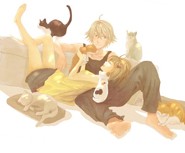 Anime picture 1098x912 with tiger & bunny sunrise (studio) barnaby brooks jr. ivan karelin pao-lin huang caring blush fringe short hair open mouth blue eyes blonde hair simple background white background lying eyes closed barefoot bare legs on back legs