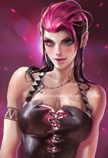 Anime picture 683x1000 with sakimichan single long hair tall image looking at viewer blue eyes black hair smile bare shoulders pink hair pink eyes multicolored hair realistic two-tone hair heterochromia piercing lacing girl pendant corset