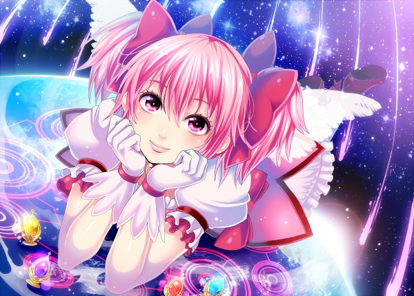 Anime picture 1200x860 with mahou shoujo madoka magica shaft (studio) kaname madoka matsurika youko single short hair pink hair lying pink eyes girl dress gloves bow hair bow wings shoes