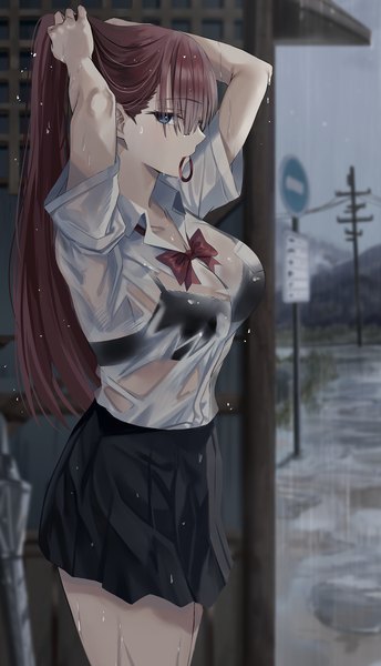 Anime picture 1124x1962 with original nicky w single long hair tall image looking at viewer fringe breasts blue eyes light erotic large breasts standing holding outdoors profile blurry short sleeves wet depth of field mouth hold