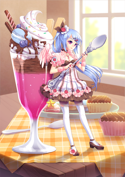 Anime picture 740x1047 with original saban single long hair tall image blue hair looking away pink eyes girl thighhighs dress white thighhighs wings food sweets ice cream spoon