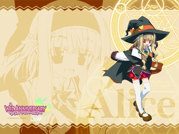 Anime picture 1600x1200 with wiz anniversary alice alicetel fernek long hair open mouth blonde hair red eyes magic zoom layer girl thighhighs skirt white thighhighs hairband witch hat magic circle