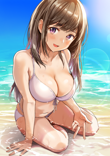 Anime picture 662x935 with original nishizawa single long hair tall image looking at viewer blush fringe breasts open mouth light erotic smile brown hair large breasts purple eyes payot sky cleavage :d wet