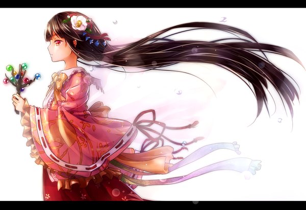 Anime picture 1600x1100 with touhou houraisan kaguya shironeko yuuki single fringe black hair red eyes looking away very long hair traditional clothes japanese clothes profile hair flower wind letterboxed girl hair ornament flower (flowers) bow