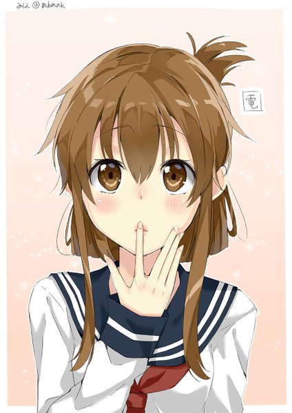 Anime picture 900x1272 with kantai collection inazuma destroyer nishimi shin single tall image looking at viewer blush fringe short hair simple background brown hair brown eyes signed parted lips lips gradient background border finger to mouth pink background girl
