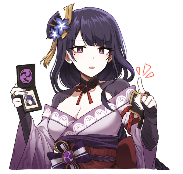 Anime picture 978x933 with genshin impact raiden shogun lix single long hair looking at viewer blush fringe breasts open mouth simple background white background purple eyes holding cleavage purple hair blunt bangs braid (braids) traditional clothes japanese clothes