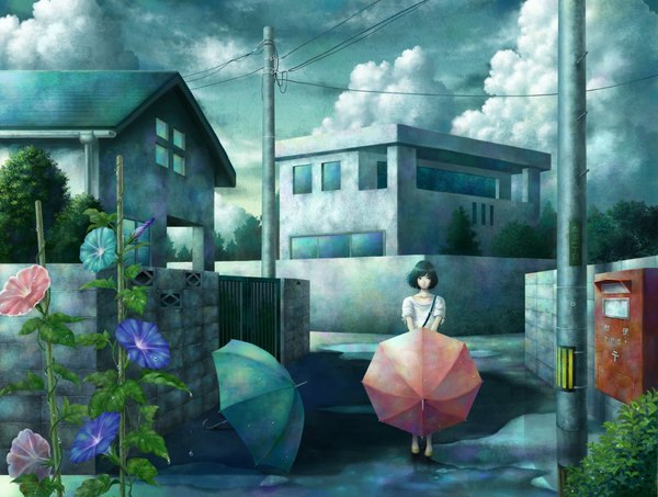 Anime picture 1168x882 with original fuumi (kazami) single fringe short hair standing holding green eyes looking away sky cloud (clouds) green hair alley girl flower (flowers) plant (plants) water shoes water drop t-shirt