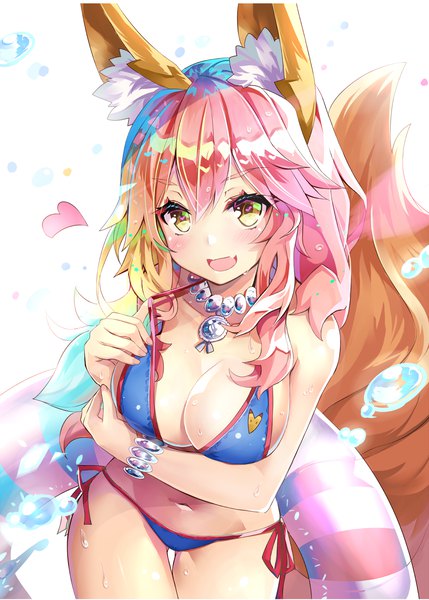 Anime-Bild 1200x1678 mit fate (series) fate/grand order tamamo (fate) (all) tamamo no mae (swimsuit lancer) (fate) sho (runatic moon) single long hair tall image blush breasts open mouth light erotic large breasts animal ears yellow eyes pink hair tail animal tail fox ears thigh gap