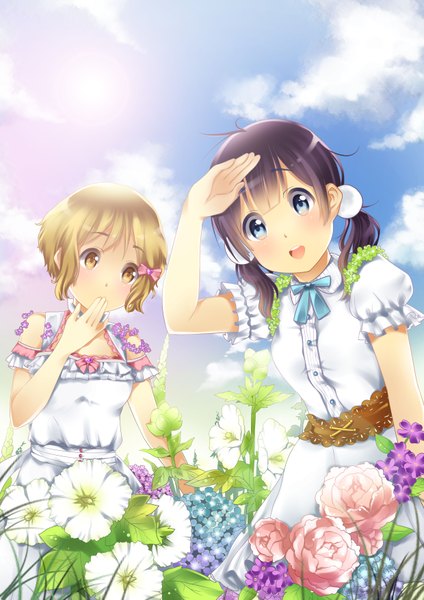 Anime picture 2480x3507 with tamako market kyoto animation kitashirakawa tamako makino kanna yuri (artist) tall image blush highres short hair open mouth blue eyes black hair blonde hair multiple girls brown eyes sky cloud (clouds) sunlight girl dress