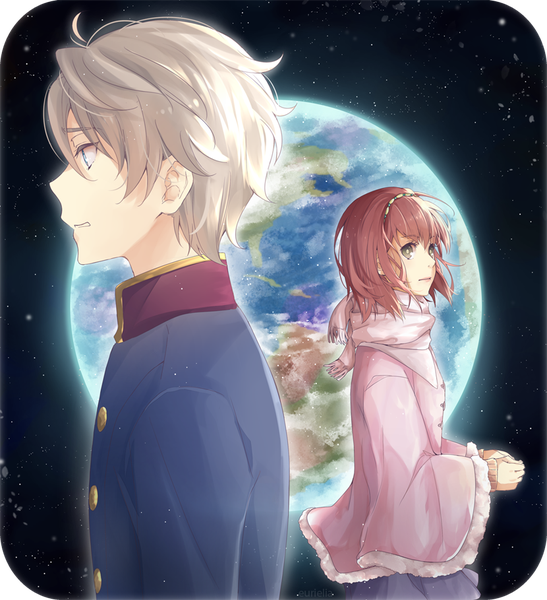 Anime picture 830x909 with aldnoah.zero a-1 pictures slaine troyard asseylum vers allusia annabel-m tall image fringe short hair blue eyes blonde hair brown hair standing green eyes looking away ahoge upper body profile clenched teeth space military