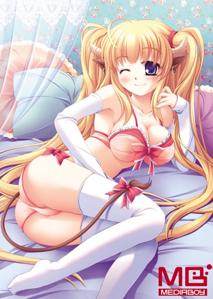 Anime picture 1181x1654 with single long hair tall image light erotic blonde hair purple eyes twintails one eye closed horn (horns) pointy ears wink girl thighhighs underwear panties white thighhighs pillow bed