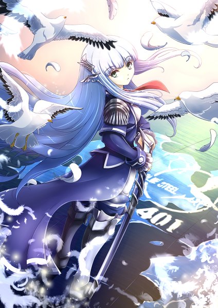 Anime picture 849x1200 with aoki hagane no arpeggio iona aata1007 single long hair tall image looking at viewer blue eyes blue hair girl dress weapon sword armor feather (feathers)