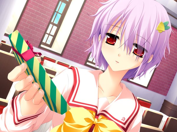 Anime picture 1024x768 with honey coming shichiri yuma short hair red eyes game cg purple hair girl serafuku