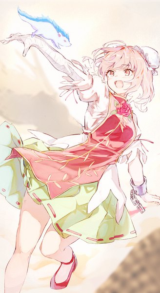 Anime picture 956x1745 with touhou ibaraki kasen raijuu tamiku (shisyamo609) single tall image short hair open mouth red eyes looking away pink hair traditional clothes :d hair bun (hair buns) outstretched arm chinese clothes girl animal bandage (bandages) chinese dress