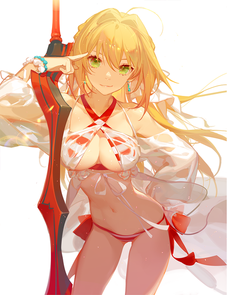 Anime picture 770x1000 with fate (series) fate/grand order nero claudius (fate) (all) nero claudius (swimsuit caster) (fate) ask (askzy) single long hair tall image looking at viewer fringe breasts light erotic simple background blonde hair smile hair between eyes large breasts white background green eyes ahoge