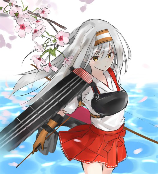 Anime picture 2507x2755 with kantai collection shoukaku aircraft carrier 100% single long hair tall image looking at viewer blush fringe highres simple background hair between eyes standing holding yellow eyes silver hair outdoors pleated skirt wind short sleeves