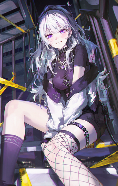 Anime picture 2000x3139 with original kellymonica02 single long hair tall image looking at viewer blush fringe highres breasts smile sitting purple eyes silver hair bent knee (knees) outdoors indoors blunt bangs long sleeves parted lips