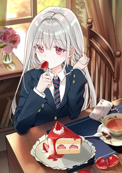 Anime picture 2121x3000 with original iren lovel single long hair tall image blush fringe highres red eyes holding looking away silver hair upper body indoors adjusting hair eating girl uniform flower (flowers) necktie