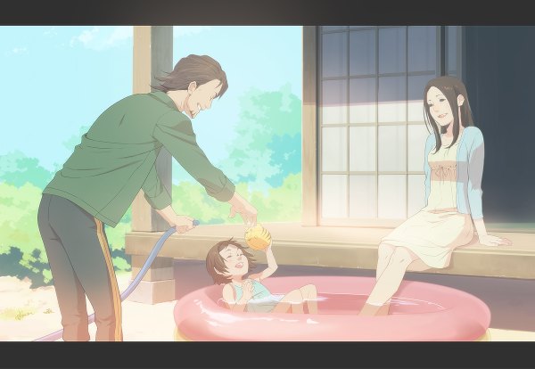 Anime picture 1200x828 with tiger & bunny sunrise (studio) kaburagi t. kotetsu kaburagi kaede kaburagi tomoe zazagi long hair short hair open mouth smile brown hair sitting multiple girls sky eyes closed partially submerged reclining soaking feet family mother and daughter