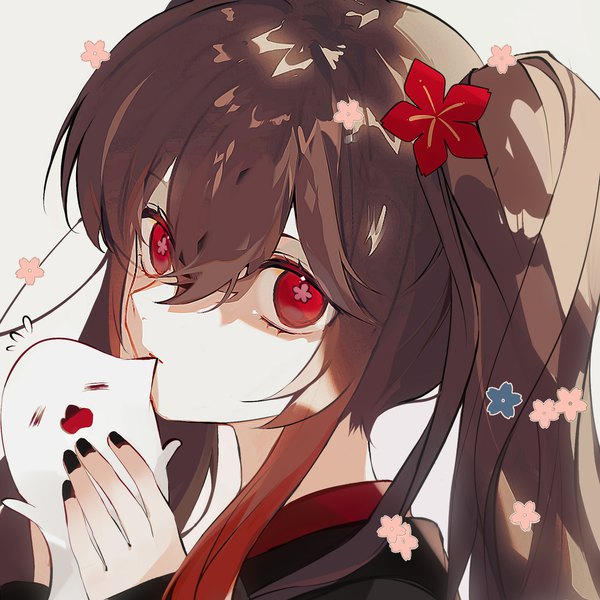 Anime picture 2048x2048 with genshin impact hu tao (genshin impact) boo tao (genshin impact) wkwk0217 single long hair looking at viewer fringe highres hair between eyes red eyes brown hair twintails upper body symbol-shaped pupils ghost no hat bite girl flower (symbol)