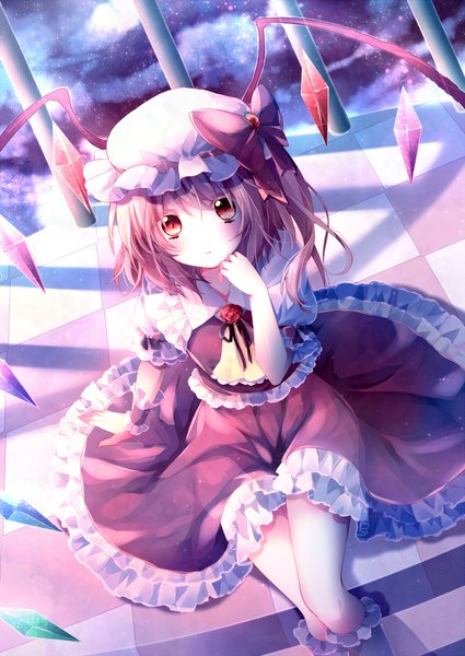 Anime picture 1000x1412 with touhou flandre scarlet riichu single tall image looking at viewer short hair blonde hair red eyes sitting girl dress skirt bow wings frills bonnet skirt set crystal