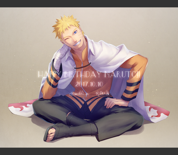 Anime picture 1500x1306 with naruto studio pierrot naruto (series) uzumaki naruto omochi daifuku single looking at viewer short hair simple background blonde hair sitting signed full body one eye closed grey background character names facial mark letterboxed whisker markings happy birthday