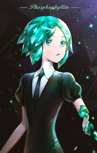 Anime picture 621x982 with houseki no kuni phosphophyllite mutugi single tall image short hair open mouth looking away upper body aqua eyes aqua hair puffy sleeves character names black background androgynous uniform necktie