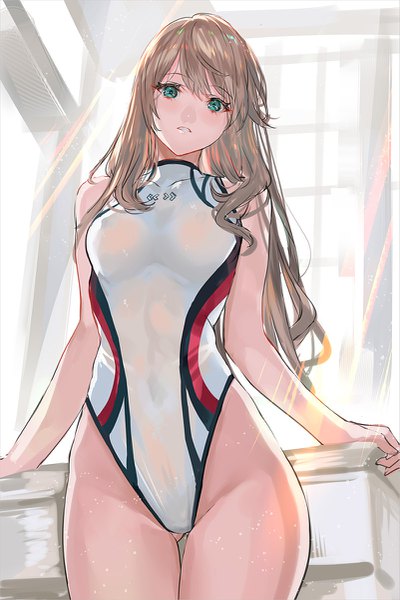 Anime picture 801x1200 with original ranou single long hair tall image looking at viewer blush fringe breasts light erotic blonde hair hair between eyes standing parted lips aqua eyes sunlight from below thigh gap covered navel ass visible through thighs