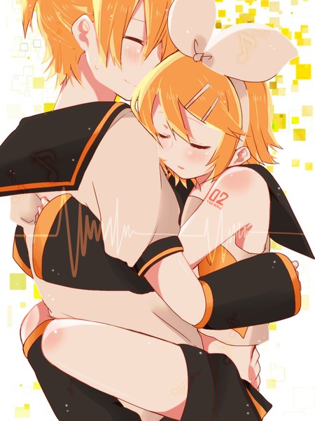 Anime picture 1050x1400 with vocaloid kagamine rin kagamine len monaco0704 tall image blush fringe short hair blonde hair smile hair between eyes bare shoulders eyes closed embarrassed hug twins brother and sister girl boy bow